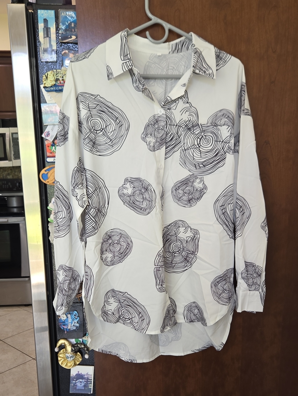 Women's White Long-Sleeve Printed Button-Up Shirt